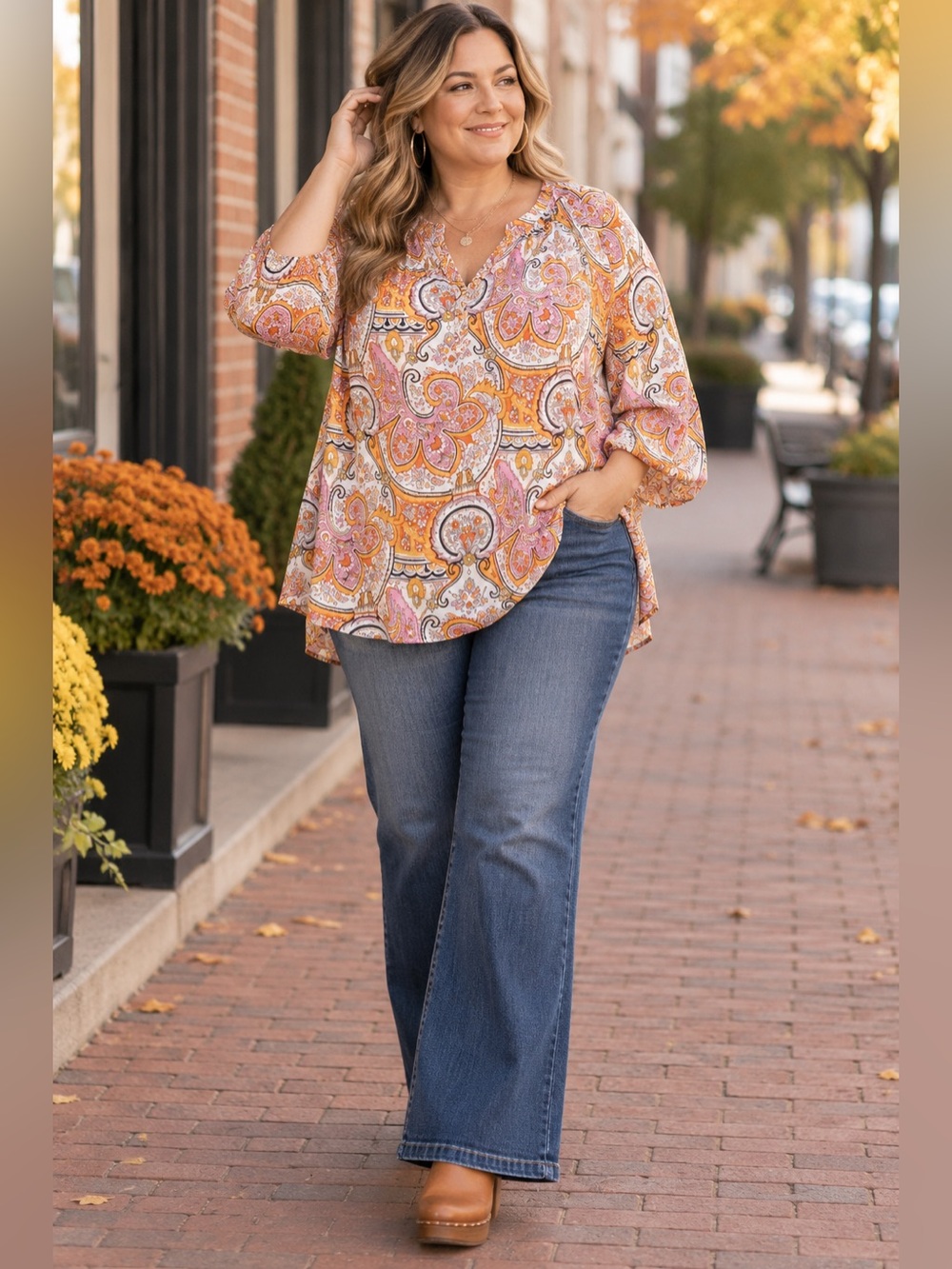 Jones New York 1X Paisley Boho Peasant Blouse Orange Pink Rayon